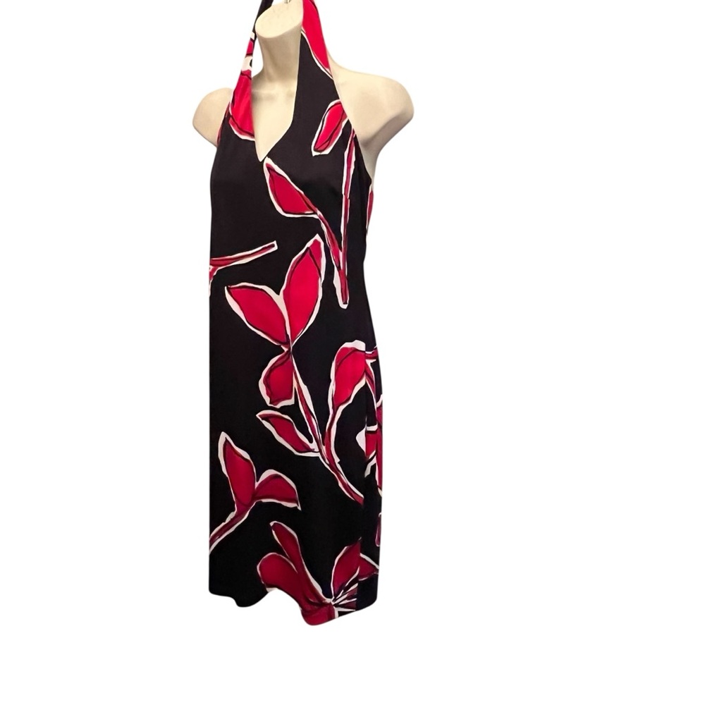 David Meisner red and black print halter dress